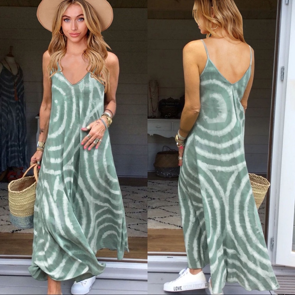 🆕Pale Green Swirl Tie Dye Slip Maxi Dress
